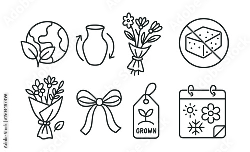 Line style icons of floristry: sustainable floristry icon, reusable vase, dried bouquet, no floral foam, compostable wrap, eco ribbon icon, locally grown tag, seasonal bloom calendar.
