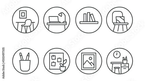 Line style icons of interior design: minimalist workspace, desk with laptop and lamp, wall shelf with books, chair with cushion, pen holder icon, cork board and plant, framed print, productivity nook