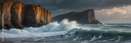 Crashing waves, dark sky, jagged cliffs, stormy sea, raw nature's power,  coast,  cloudy,  rough
