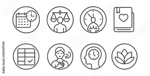 Line style icons of wellness and healthy living: balanced schedule icon, work-life line, time for pause, break and breath clock, healthy habit planner, time blocking chart, self-care moment, mindful