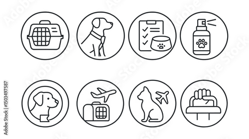 Line style icons of pets at home: travel crate icon, car seatbelt harness, pet travel checklist, calm travel spray, road trip pet badge, carrier in circle, plane-ready pet symbol, secure handle icon.