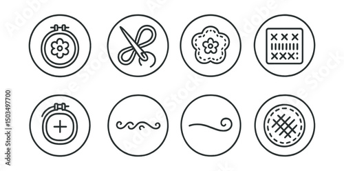 Line style icons of hobbies and creativity: embroidery hoop icon, needle with floss ring, stitched flower badge, sampler pattern symbol, frame on fabric, decorative thread line, hand stitch circle,
