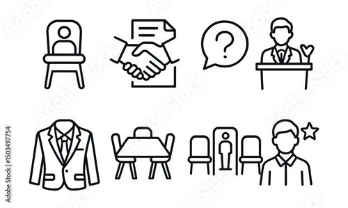 Line style icons of career and growth: job interview chair, handshake with document, question bubble icon, confident speaker, professional outfit icon, meeting room table, waiting room symbol, first