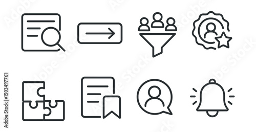 Line style icons of career and growth: job board search, apply now button, job filter icon, company review badge, position match symbol, saved job list, recruiter contact icon, job alert bell.