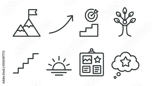 Line style icons of motivation and inspiration: mountain with flag icon, success path arrow, steps with goal symbol, personal growth tree, upward staircase, sunrise horizon, vision board icon, dream