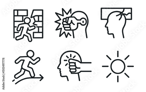 Line style icons of motivation and inspiration: breakthrough icon, barrier smash symbol, unlock mindset key, glass ceiling crack, leap forward line, mindset shift spark, limit-breaking force,