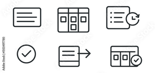 Line style icons of project management: task card icon, kanban board layout, backlog icon, in-progress task, done column badge, task moving arrow, card detail view, board status icon.