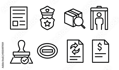 Line style icons of international logistics: customs declaration form, customs officer badge, package inspection icon, security checkpoint symbol, approval stamp icon, declaration sticker,