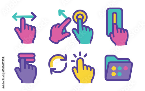 Two-Color vector icons of mobile interface actions: swipe gesture, pinch zoom, tap icon, scroll bar, drag handle, refresh motion, long press, app folder.