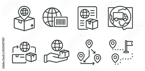 Line style icons of international logistics: international parcel tracking, global courier barcode, order cross-border icon, delivery zone icon, import tracking timeline, country handoff point, multi