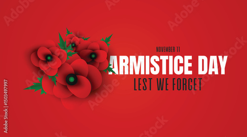 Armistice Day Poster with Red Poppies on Bright Red Background