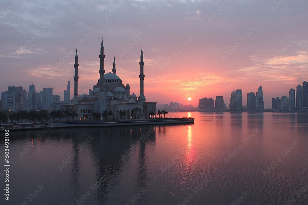 Obraz premium How Sharjah New Mosque Sunset View Captivates 