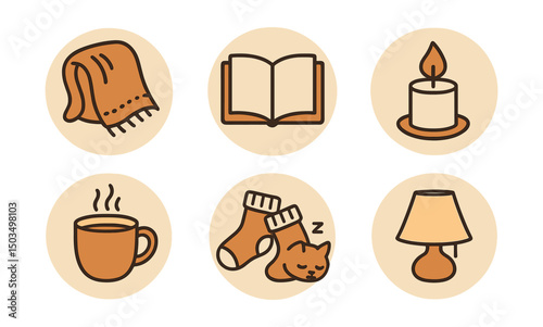 Outline with Fill icon set for rainy day comfort in circles: warm blanket, open book, candle flame, rain on glass, tea mug, soft socks, sleepy cat, cozy lamp.