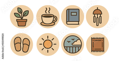 Outline with Fill icon set for peaceful balcony time in circles: potted plant, cup of coffee, book, slippers, sunlight, sky view, wind chime, rug.
