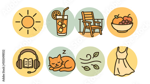 Outline with Fill icon set for relaxing afternoon in circles: sunbeam, iced tea, balcony chair, fruit bowl, audiobook icon, cat nap, soft breeze, light dress.