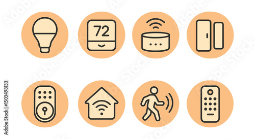 Outline with Fill style icons of smart home tech in circles: smart bulb, thermostat, voice assistant, door sensor, smart lock, home hub, motion icon, remote control.