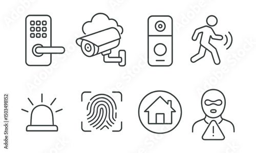 Line style icons of smart security: door lock with keypad, camera with cloud, video doorbell, motion detection icon, alarm system, fingerprint access, security zone, intruder alert.