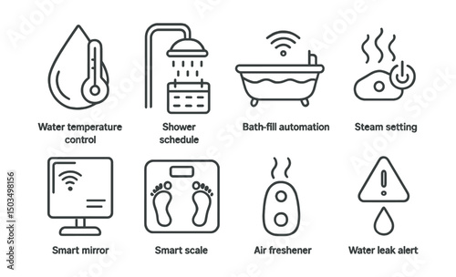 Line style icons of smart bathroom: water temperature control, shower schedule icon, bath fill automation, steam setting, mirror with screen, smart scale, air freshener device, water leak alert.