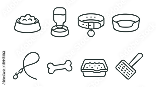 Line style icons of pet essentials: pet food bowl, water dispenser, collar with tag, pet bed, leash, chew toy, litter box, grooming brush.