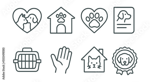 Line style icons of pet adoption and rescue: adoption heart, shelter building, rescue paw, paperwork icon, pet carrier, volunteer hand, new home symbol, rescued animal badge.