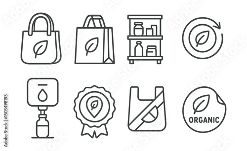 Line style icons of sustainability in shopping: reusable bag, paper bag icon, zero waste shelf, eco label, refill station, local produce badge, plastic-free symbol, organic sticker.