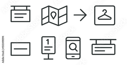 Line style icons of store navigation: aisle sign, shopping map, directional arrow, department icon, section divider, floor guide, product finder app, overhead labels.