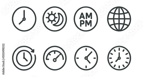 Line style icons of time symbols in circles: clock hand icon, sun and moon ring, AM/PM icon, time zone badge, rotating arrow clock, speed dial, second hand symbol, analog face.