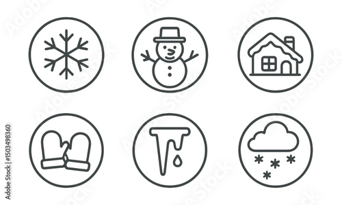 Line style icons of snowy weather in circles: snowflake, snowman icon, snow-covered house, cold wind symbol, mittens icon, icicle drop, snow cloud, snowfall rate.