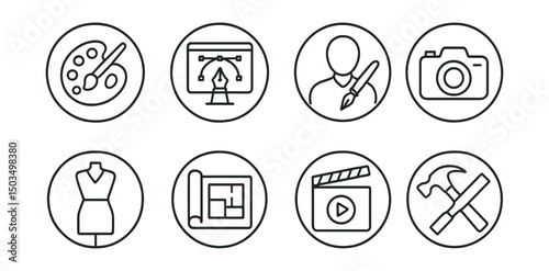 Line style icons of creative professions in circles: artist palette, graphic designer screen, writer with pen, photographer camera, fashion designer sketch, architect blueprint, animator frame,
