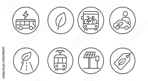 Line style icons of eco-friendly transport in circles: electric bus icon, zero emissions badge, bike-on-transit symbol, sustainable ride icon, green route, hybrid tram, solar stop icon, eco fare tag.