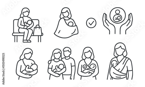 Line style icons of breastfeeding: nursing in public, nursing cover, supportive environment icon, breastfeeding rights icon, mother and baby icon, supportive partner icon, mom with badge, feeding in