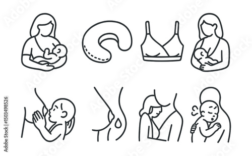 Line style icons of breastfeeding: mother nursing baby, breastfeeding pillow, nursing bra, baby latch icon, skin-to-skin contact, breastfeeding chair, milk flow symbol, baby burping.