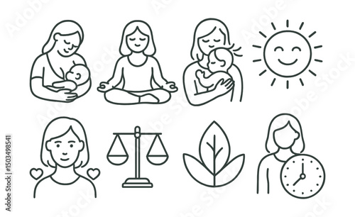 Line style icons of breastfeeding: calm nursing moment, mom meditation icon, breathing with baby, positive mindset badge, emotional resilience icon, balance scale, inner peace leaf, time for mom
