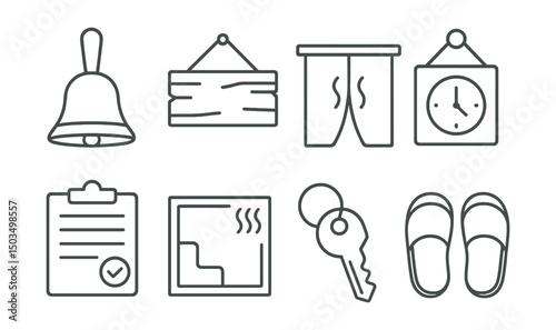 Line style icons of bathhouse: bathhouse bell, wooden sign, entrance curtain, open hours board, service price list, steam room map, locker key, guest slippers.