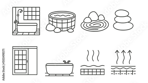 Line style icons of Japanese bath: indoor ofuro, outdoor onsen, rock garden icon, zen pebbles, shoji door, minimal bath interior, steam lines, warm floor icon.