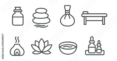 Line style icons of spa and wellness: aroma oil bottle, hot stones, herbal compress, massage table, steam diffuser, lotus flower, water bowl, essential oils tray.