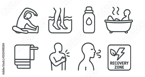 Line style icons of bath and sports recovery: muscle stretch, leg soak, hydration bottle, post-run bath, sports towel, muscle relief icon, deep breath icon, recovery zone.