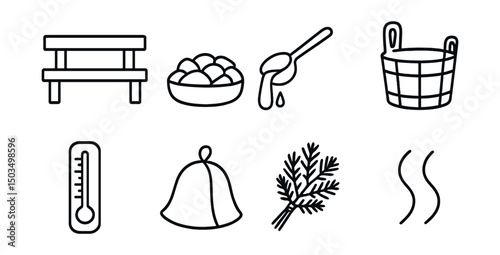 Line style icons of Finnish sauna: wooden sauna bench, sauna stones, ladle pouring water, wooden bucket, thermometer on wall, sauna hat, pine branch bundle, steam waves.