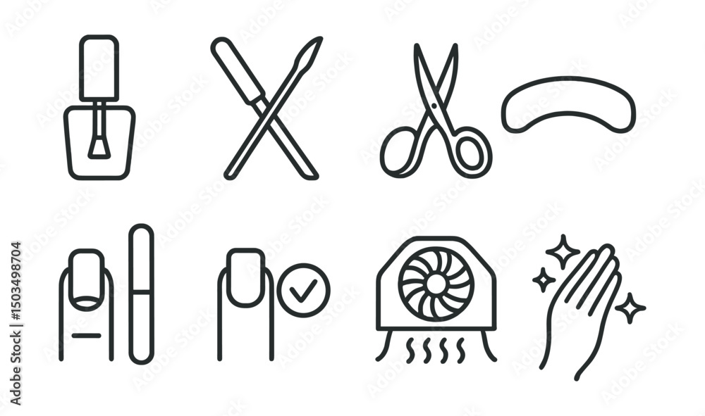 Obraz premium Line style icons of body care: nail polish icon, manicure tools, cuticle scissors, soft hand rest, nail shape file, clean edge symbol, drying fan icon, hand shine line.