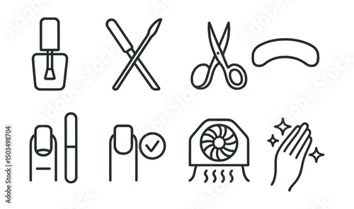Line style icons of body care: nail polish icon, manicure tools, cuticle scissors, soft hand rest, nail shape file, clean edge symbol, drying fan icon, hand shine line.