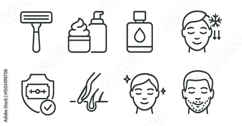 Line style icons of body care: shaving razor, shaving foam icon, aftershave lotion, skin cooling icon, blade safety icon, hair removal symbol, calm skin icon, shaving zone map.