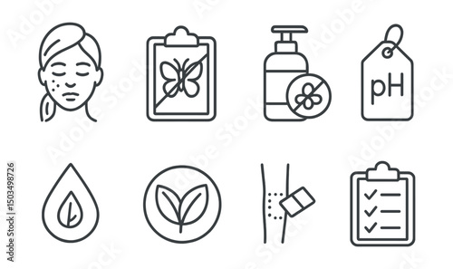 Line style icons of body care: sensitive skin care, allergy test symbol, fragrance-free bottle, PH-balanced tag, natural ingredient drop, non-toxic label, patch test icon, product checklist.