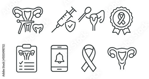 Line style icons of women’s health: cervical screening, HPV vaccine icon, swab test, early detection badge, test result chart, reminder app, prevention ribbon, healthy cervix icon.