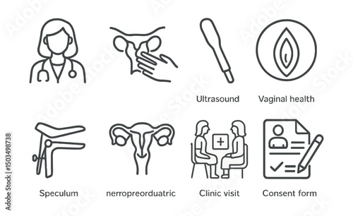 Line style icons of women’s health: gynecologist icon, pelvic exam, ultrasound wand, vaginal health symbol, speculum icon, reproductive anatomy, clinic visit icon, consent form.