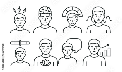 Line style icons of men’s health: stress icon, mental load symbol, burnout meter, anxiety wave, anger scale, mindfulness head, therapy talk bubble, emotional regulation chart.