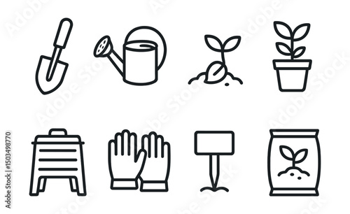 Line style icons of garden and greenhouse: garden shovel, watering can, sprouting seed, potted plant, compost bin, garden gloves, plant label, soil bag.