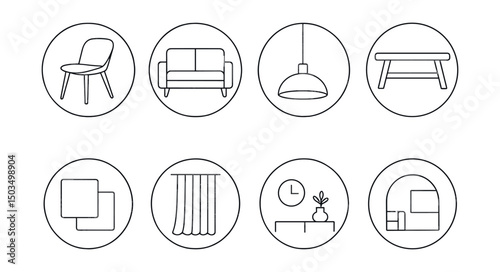 Line style icons of interior design: Scandinavian style chair, clean lines sofa, modern pendant light, wooden bench icon, neutral palette sample, airy curtain icon, tone-on-tone decor, open space
