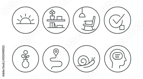 Line style icons of wellness and healthy living: minimalist day icon, clutter-free shelf, space with purpose, less but better symbol, mindful object circle, intentional choice path, slow living