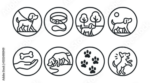 Line style icons of pets at home: dog on walk icon, leash and collar circle, pet park moment, ball fetch in air, treat hand icon, sniffing on path, paw trail symbol, excited pet stance. Circular