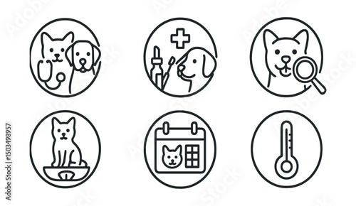 Line style icons of pets at home: vet visit icon, medical check badge, vaccination record ring, ear cleaning icon, teeth check circle, healthy weight scale, thermometer symbol, monthly check planner.